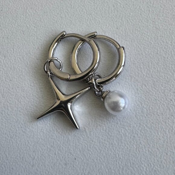 Sterling Silver Hoop Earrings with Pearl & Star Charms - Picture 8 of 9